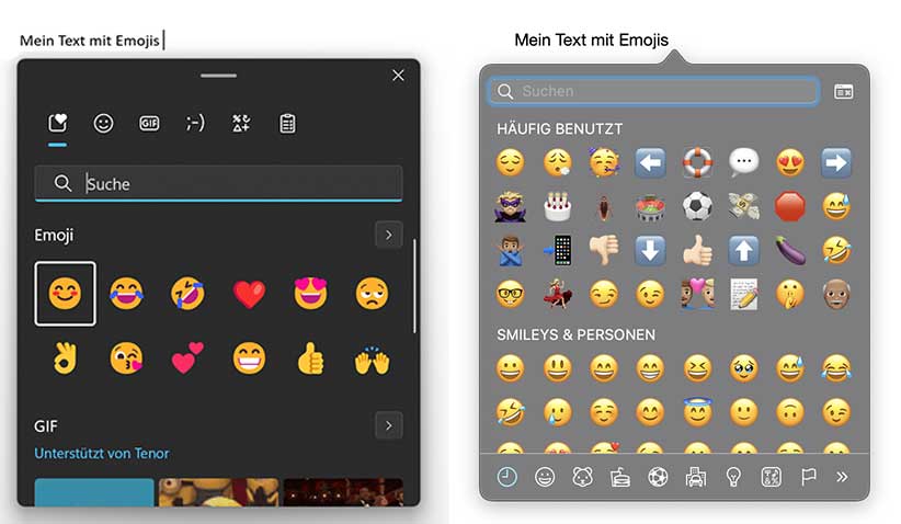 Ein Vergleich der Emoji-Eingabemasken unter Windows und Mac.